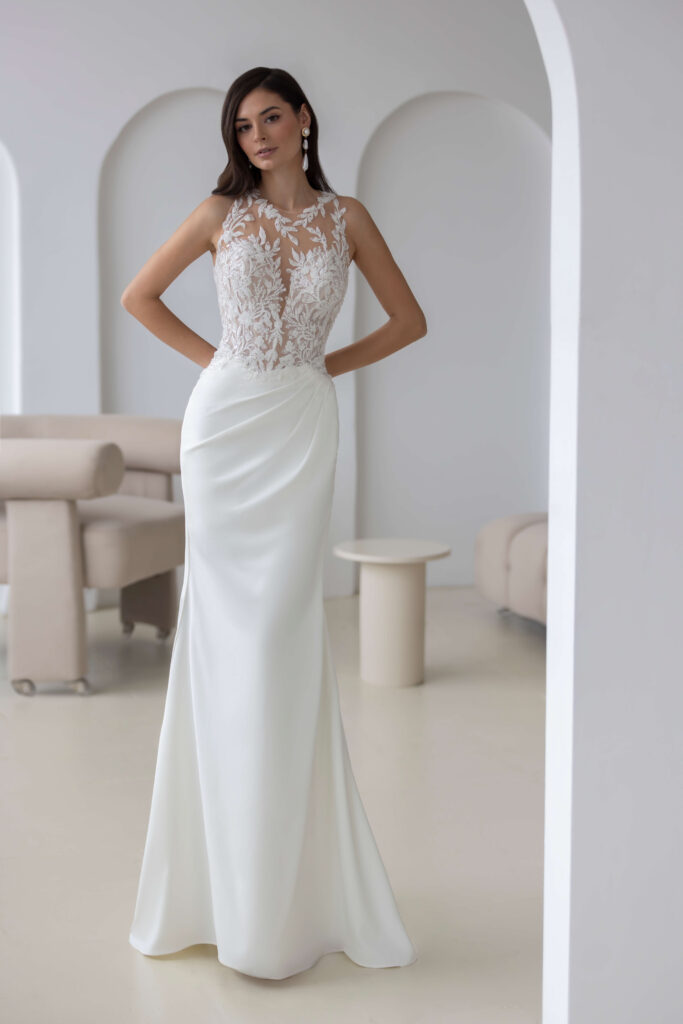 Cleanes Fit & Flair Brautkleid mit Spitzenoberteil in der Brautboutique Neumünster