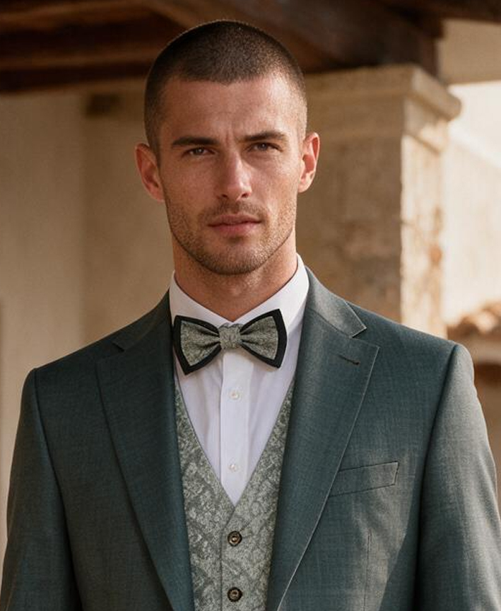 Bräutigam im eleganten Hochzeitsanzug mit Fliege und Weste